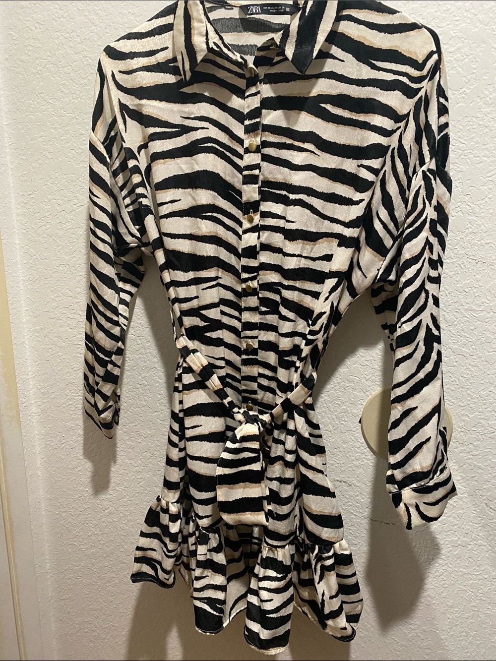 Zara Black and White Zebra-Print Tie-Waist Button-Down Top